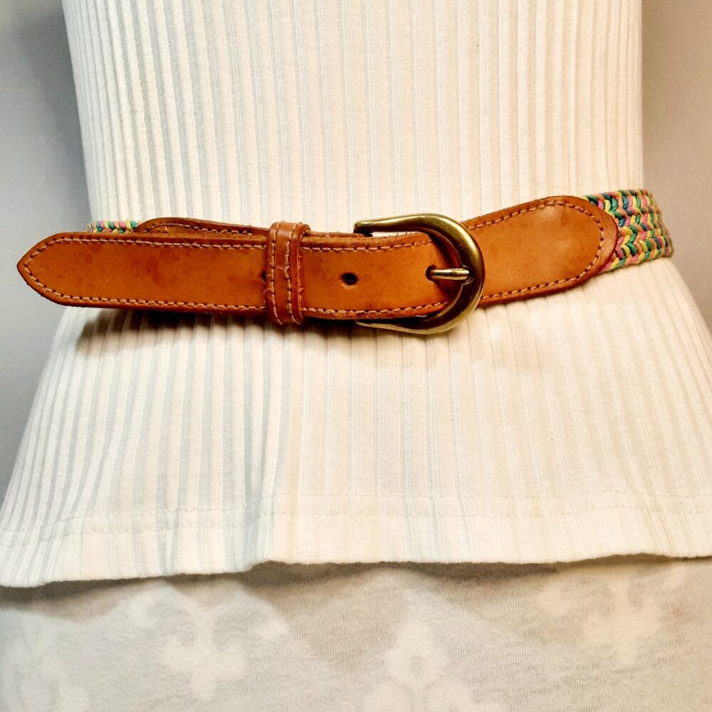 💎LC Womens Surcingle Belt Medium Waist Colorful Braided Cord Tan Leather Ends